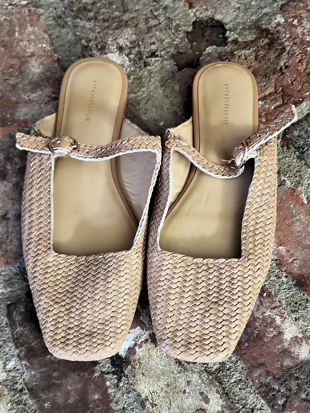 ANTHROPOLOGIE Woven Square-Toe Mules Beige US 8